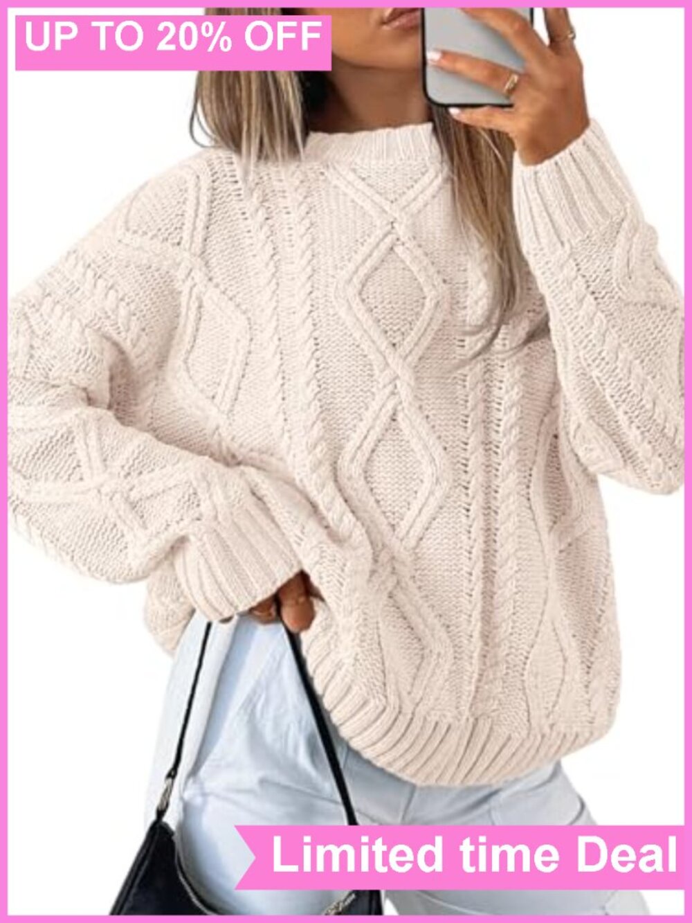 Oversized Cable Knit Sweater Cotton Blend Pullover Crew Neck